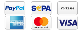 Sie können bei uns auf verschiedene Weise bezahlen: PayPal, SEPA-Lastschrift, Vorkasse, American Express, Mastercard und Visa. Wählen Sie die Zahlungsmethode, die für Sie am besten geeignet ist. Wir möchten es Ihnen so einfach wie möglich machen.