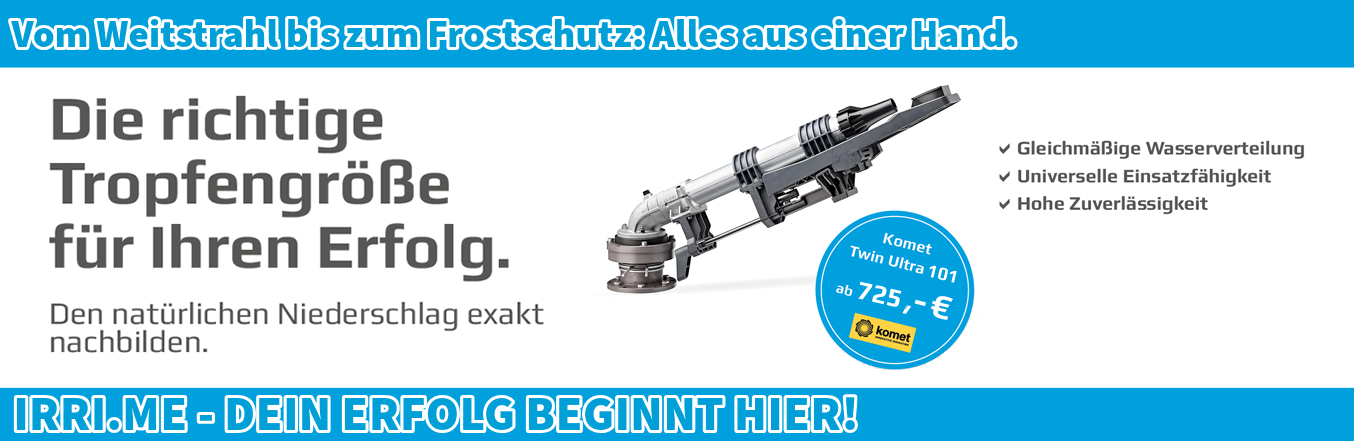 Verschiedene Regner für die Bewässerung. Gleichmäßige Wasserverteilung und hohe Zuverlässigkeit. Geeignet für Feld- und Frostschutzberegnung. Auf dem Bild: ein Komet-Regner.