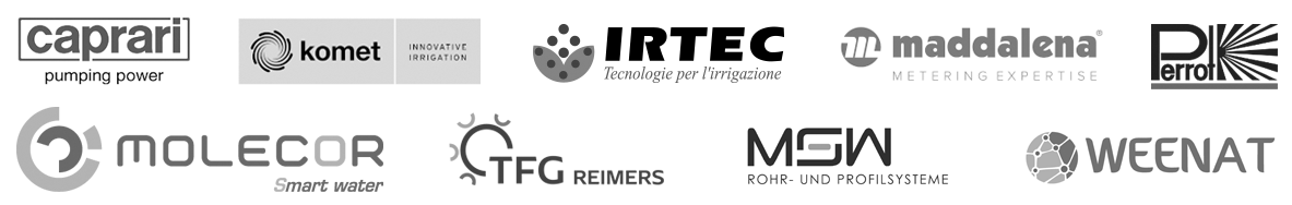 Hier finden Sie eine Übersicht unserer Partner: Caprari Pumpen, Komet, Irtec, Maddalena, Perrot, Molecor, TFG Reimers, MSW und Weenat. Auf dem Bild sehen Sie ihre Logos. Gemeinsam bieten wir Ihnen hochwertige Produkte für Ihre Bedürfnisse!