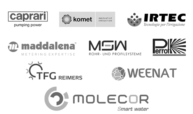 Hier finden Sie eine Übersicht unserer Partner: Caprari Pumpen, Komet, Irtec, Maddalena, Perrot, Molecor, TFG Reimers, MSW und Weenat. Auf dem Bild sehen Sie ihre Logos. Gemeinsam bieten wir Ihnen hochwertige Produkte für Ihre Bedürfnisse!