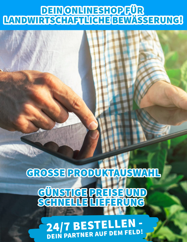 Dein Onlineshop für Bewässerung! Große Auswahl, günstige Preise, schnelle Lieferung. Bestelle rund um die Uhr. Auf dem Bild: Landwirt mit Tablet auf dem Feld. Wir sind dein Partner für die Landwirtschaft.