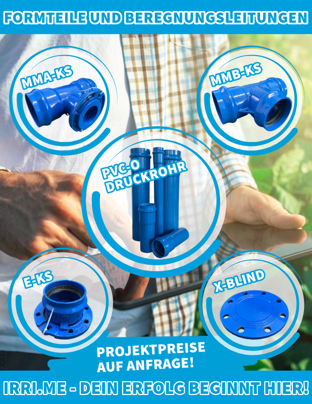 Formteile und Beregnungsleitungen gibt es in unserem Shop. Projektpreise auf Anfrage. Auf dem Bild: Landwirt mit Tablet auf dem Feld, vorne Gussformteile und PVC-O-Rohrleitungen.