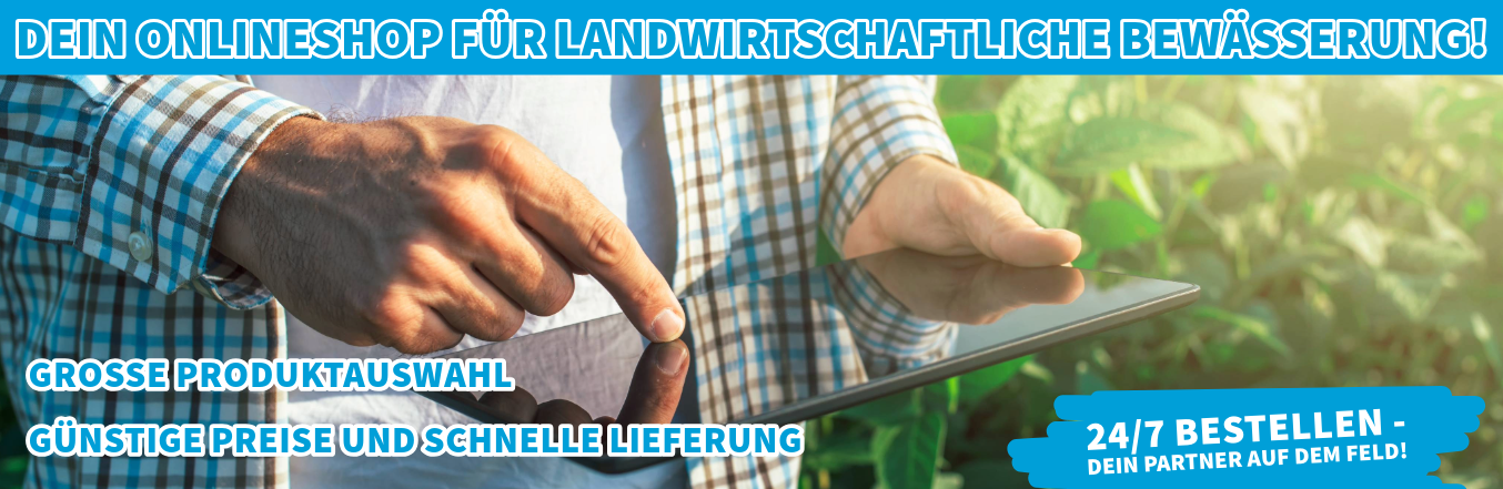 Dein Onlineshop für Bewässerung! Große Auswahl, günstige Preise, schnelle Lieferung. Bestelle rund um die Uhr. Auf dem Bild: Landwirt mit Tablet auf dem Feld. Wir sind dein Partner für die Landwirtschaft.