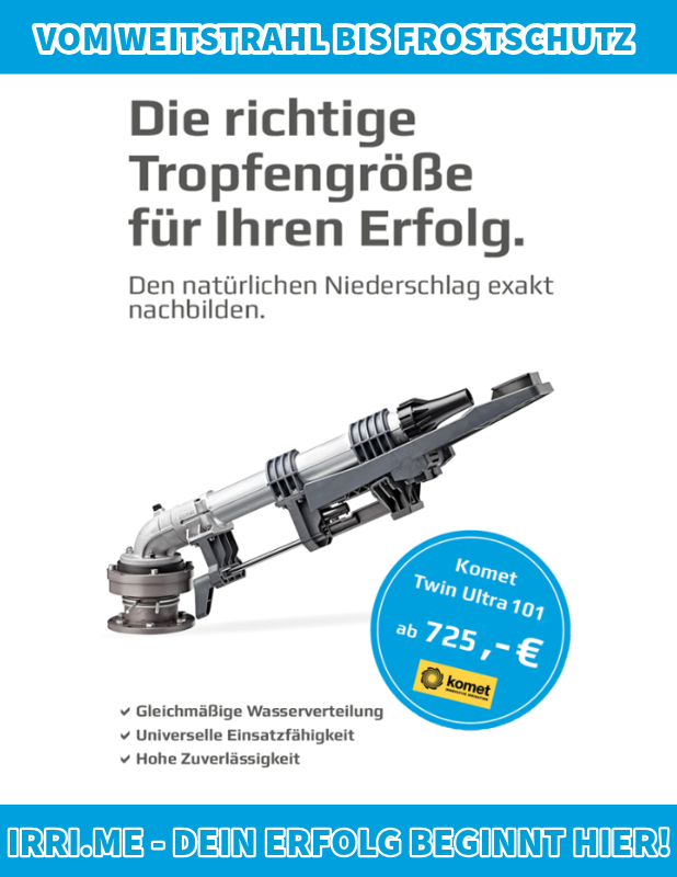 Verschiedene Regner für die Bewässerung. Gleichmäßige Wasserverteilung und hohe Zuverlässigkeit. Geeignet für Feld- und Frostschutzberegnung. Auf dem Bild: ein Komet-Regner.